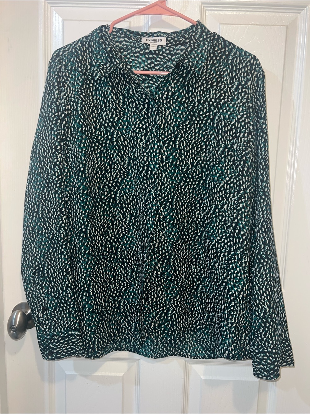 Express Women's Teal, Black & White Printed Button-Down Shirt